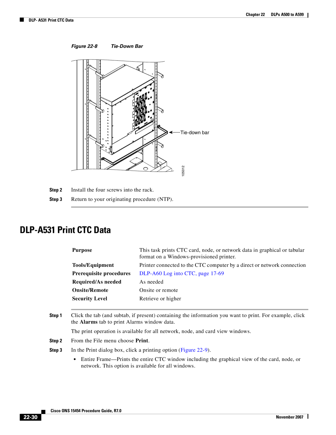 Cisco Systems ONS 15454 manual DLP-A531 Print CTC Data, 22-30 