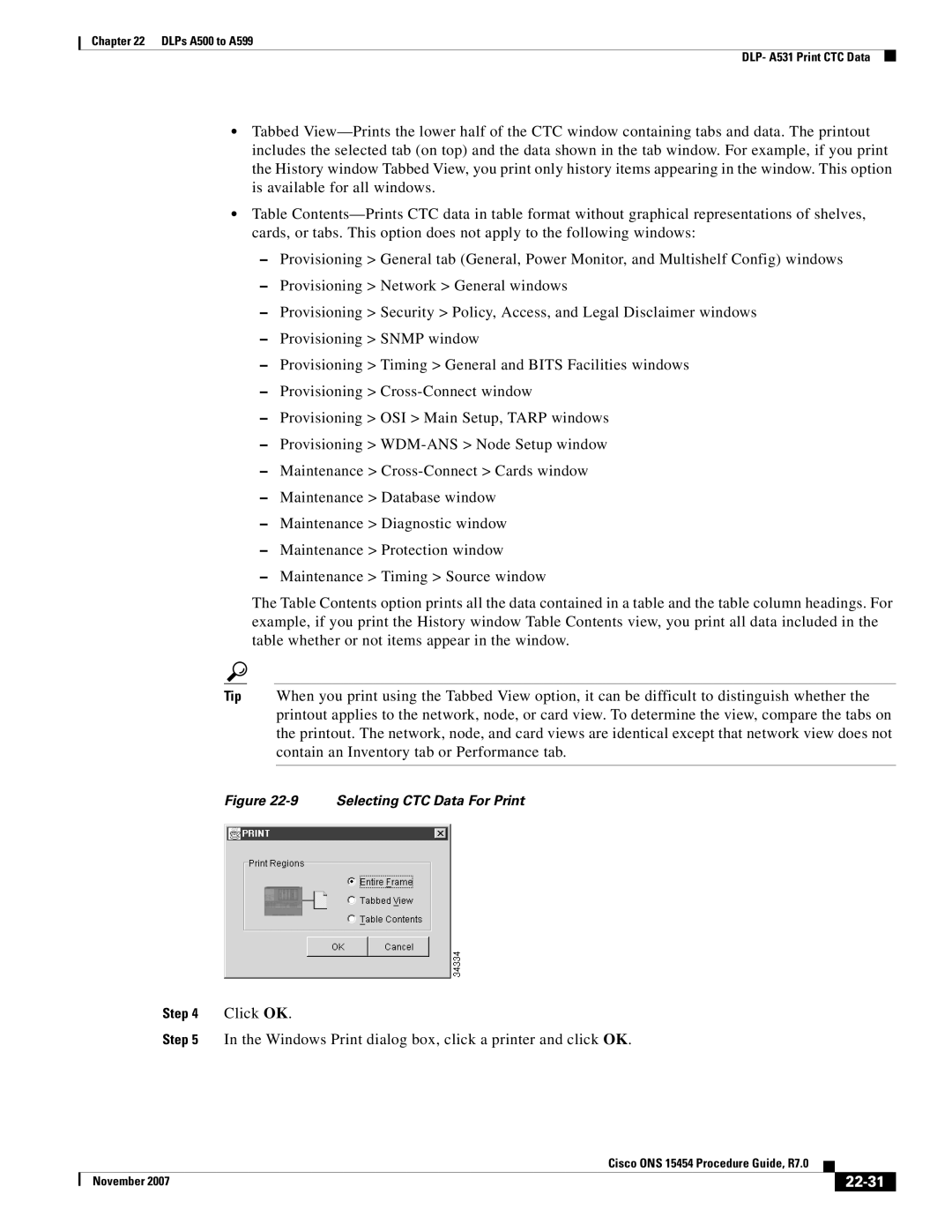 Cisco Systems ONS 15454 manual 22-31, Selecting CTC Data For Print 