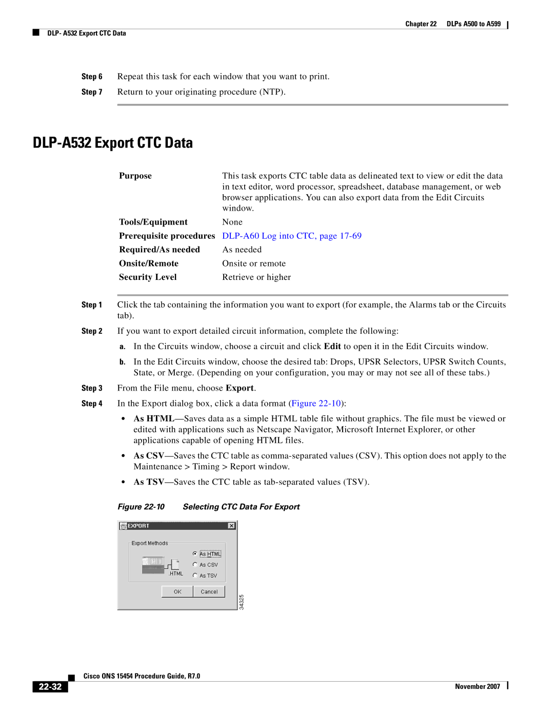 Cisco Systems ONS 15454 manual DLP-A532 Export CTC Data, 22-32 