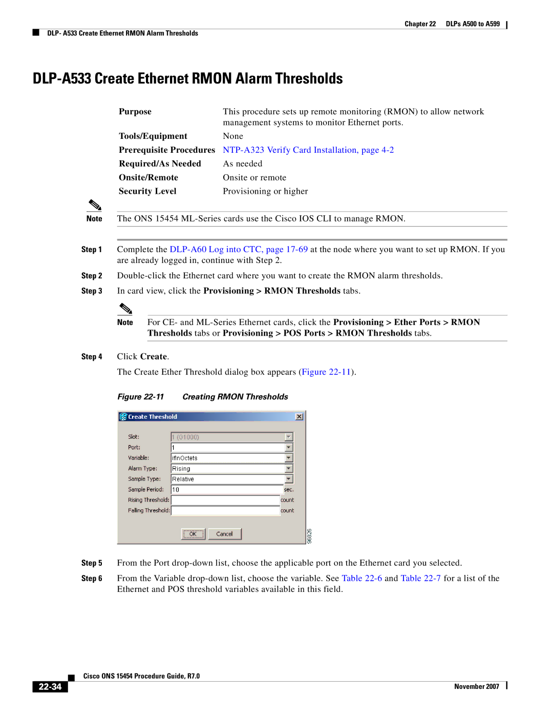 Cisco Systems ONS 15454 manual DLP-A533 Create Ethernet Rmon Alarm Thresholds, 22-34 