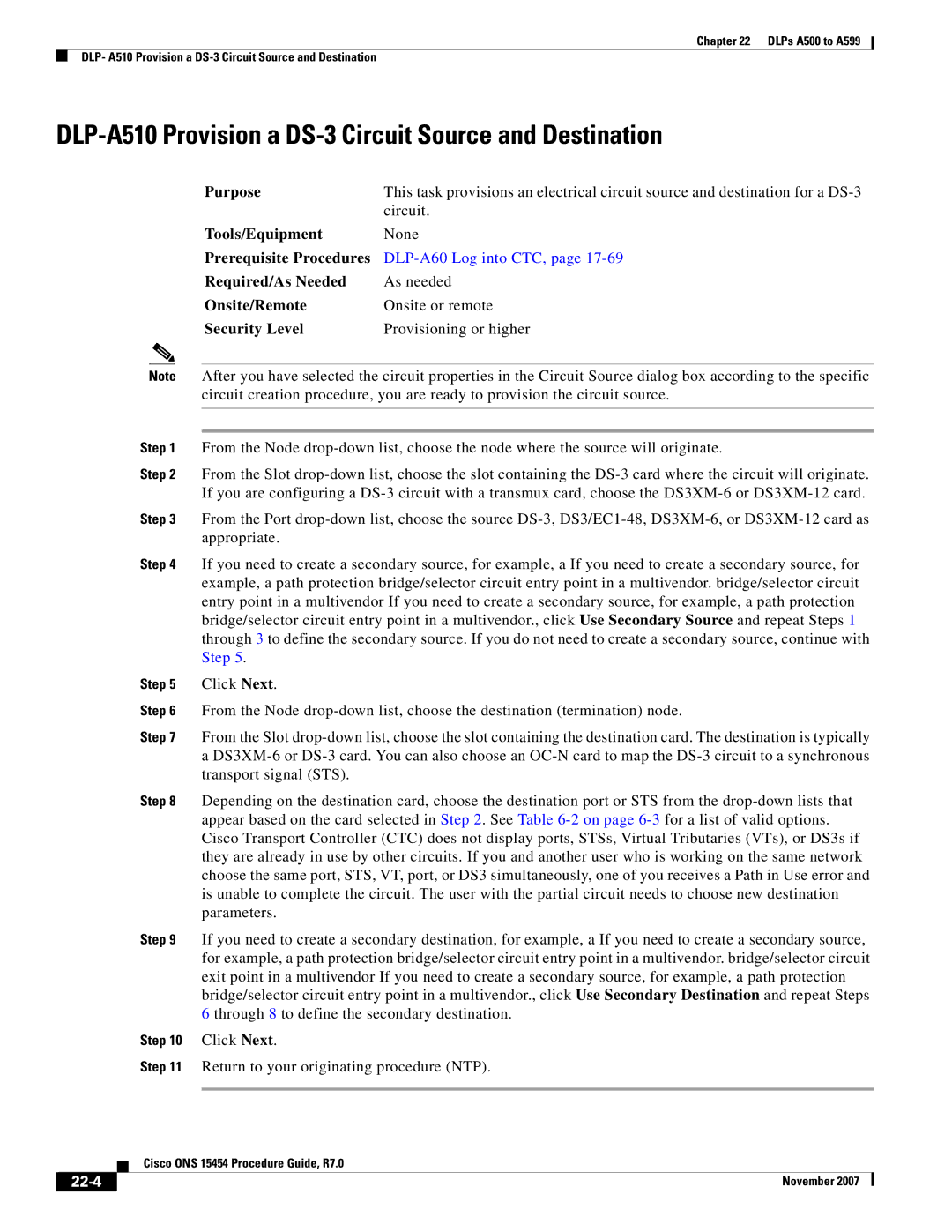 Cisco Systems ONS 15454 manual DLP-A510 Provision a DS-3 Circuit Source and Destination, 22-4 