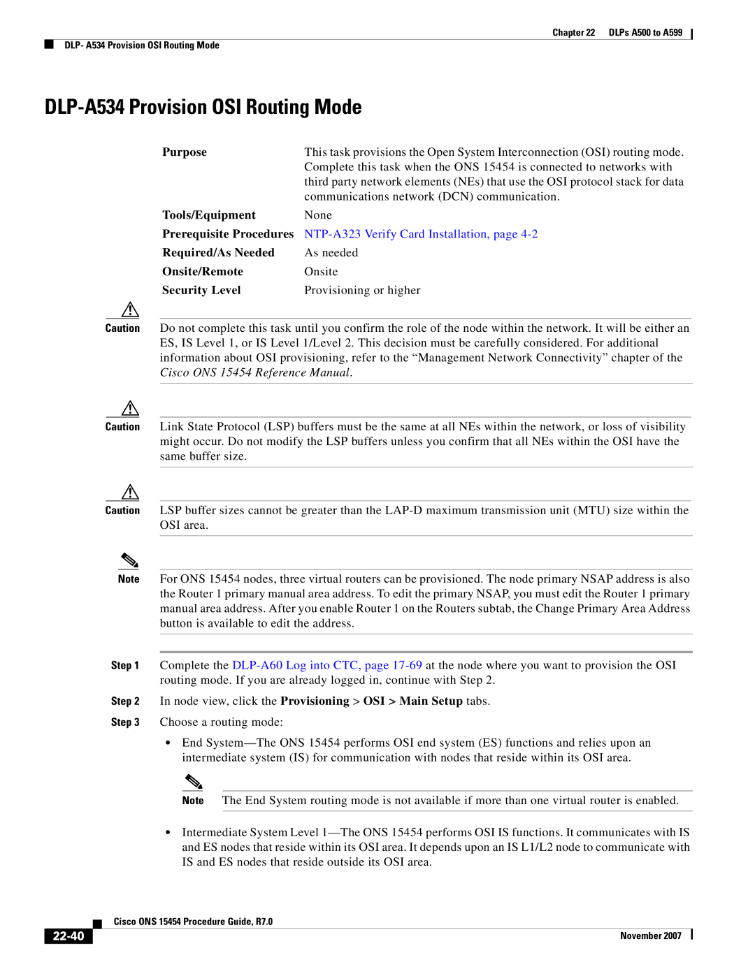 Cisco Systems ONS 15454 manual DLP-A534 Provision OSI Routing Mode, 22-40 