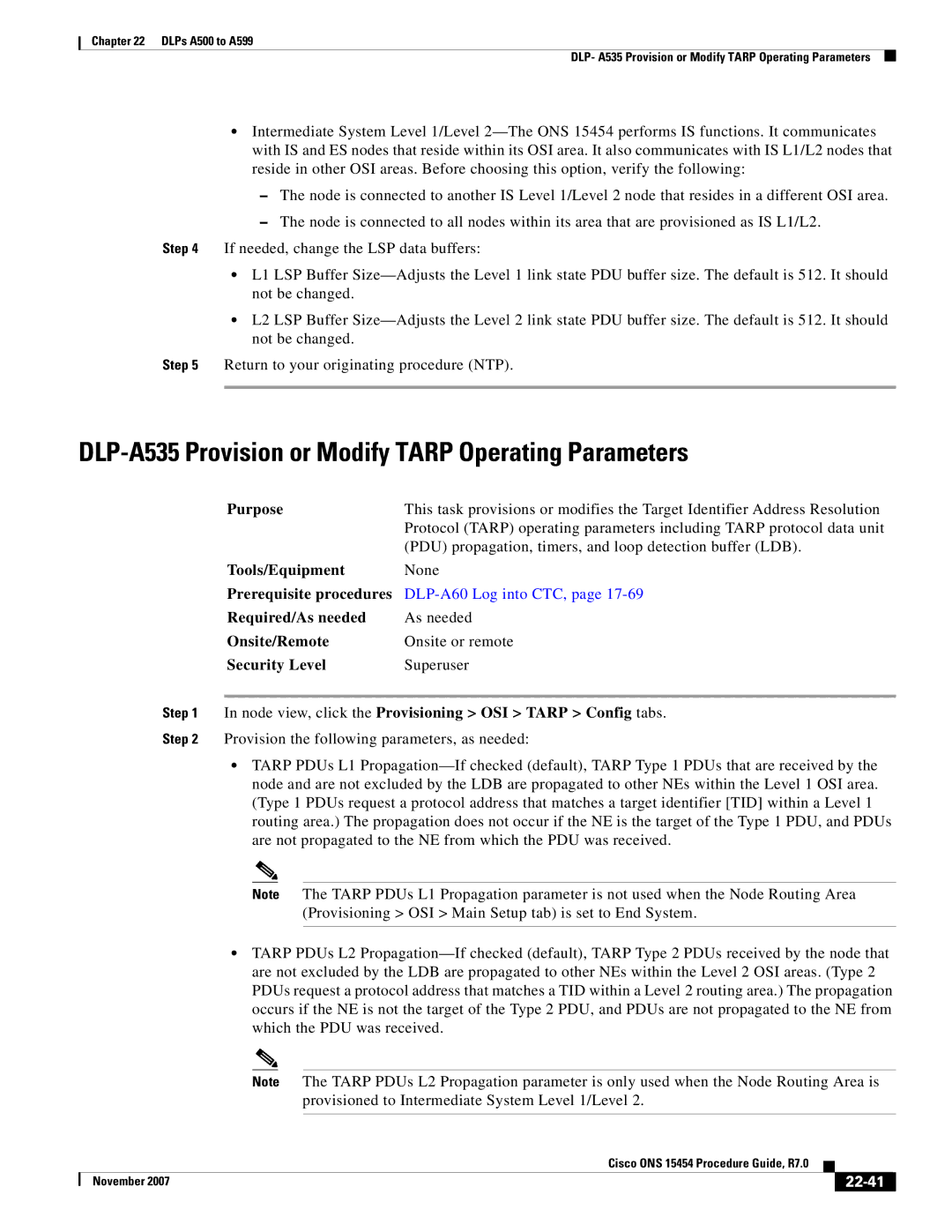 Cisco Systems ONS 15454 manual DLP-A535 Provision or Modify Tarp Operating Parameters, 22-41 