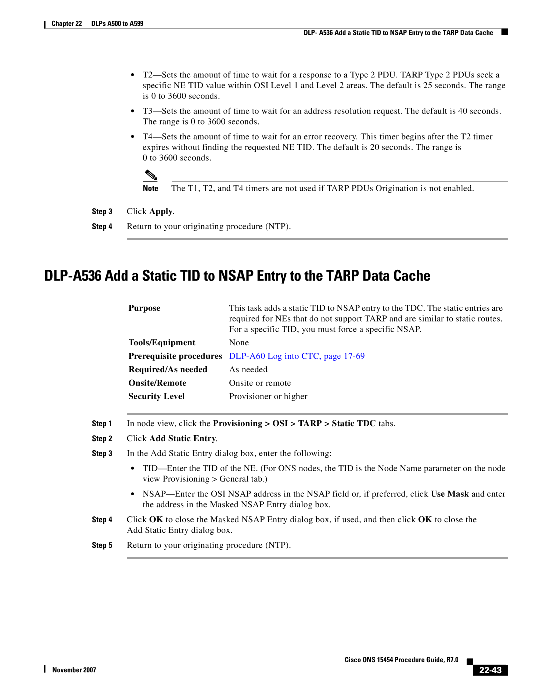 Cisco Systems ONS 15454 manual Node view, click the Provisioning OSI Tarp Static TDC tabs, Click Add Static Entry, 22-43 