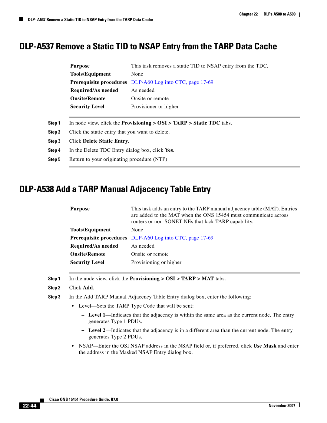 Cisco Systems ONS 15454 manual DLP-A538 Add a Tarp Manual Adjacency Table Entry, Click Delete Static Entry, 22-44 