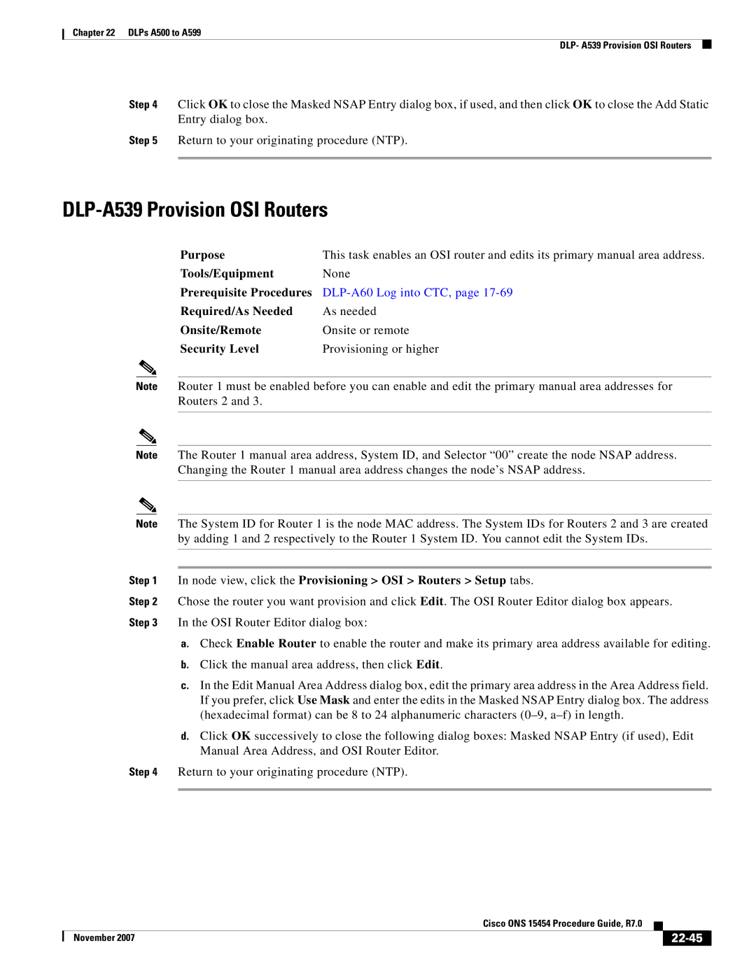 Cisco Systems ONS 15454 manual DLP-A539 Provision OSI Routers, 22-45 