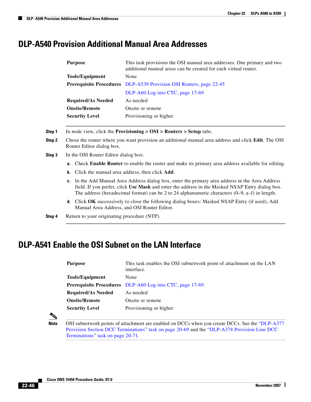 Cisco Systems ONS 15454 manual DLP-A540 Provision Additional Manual Area Addresses, 22-46 