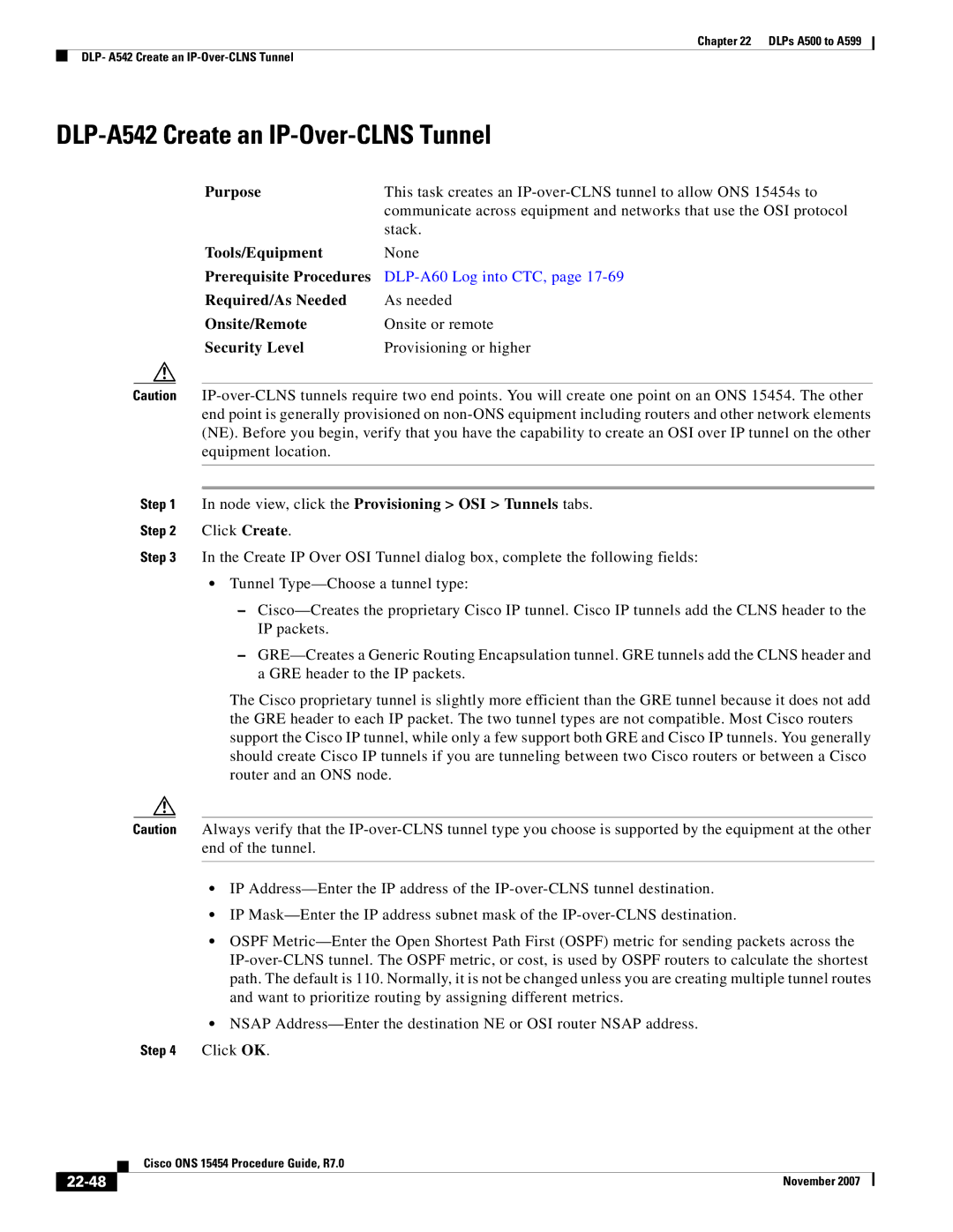 Cisco Systems ONS 15454 manual DLP-A542 Create an IP-Over-CLNS Tunnel, 22-48 