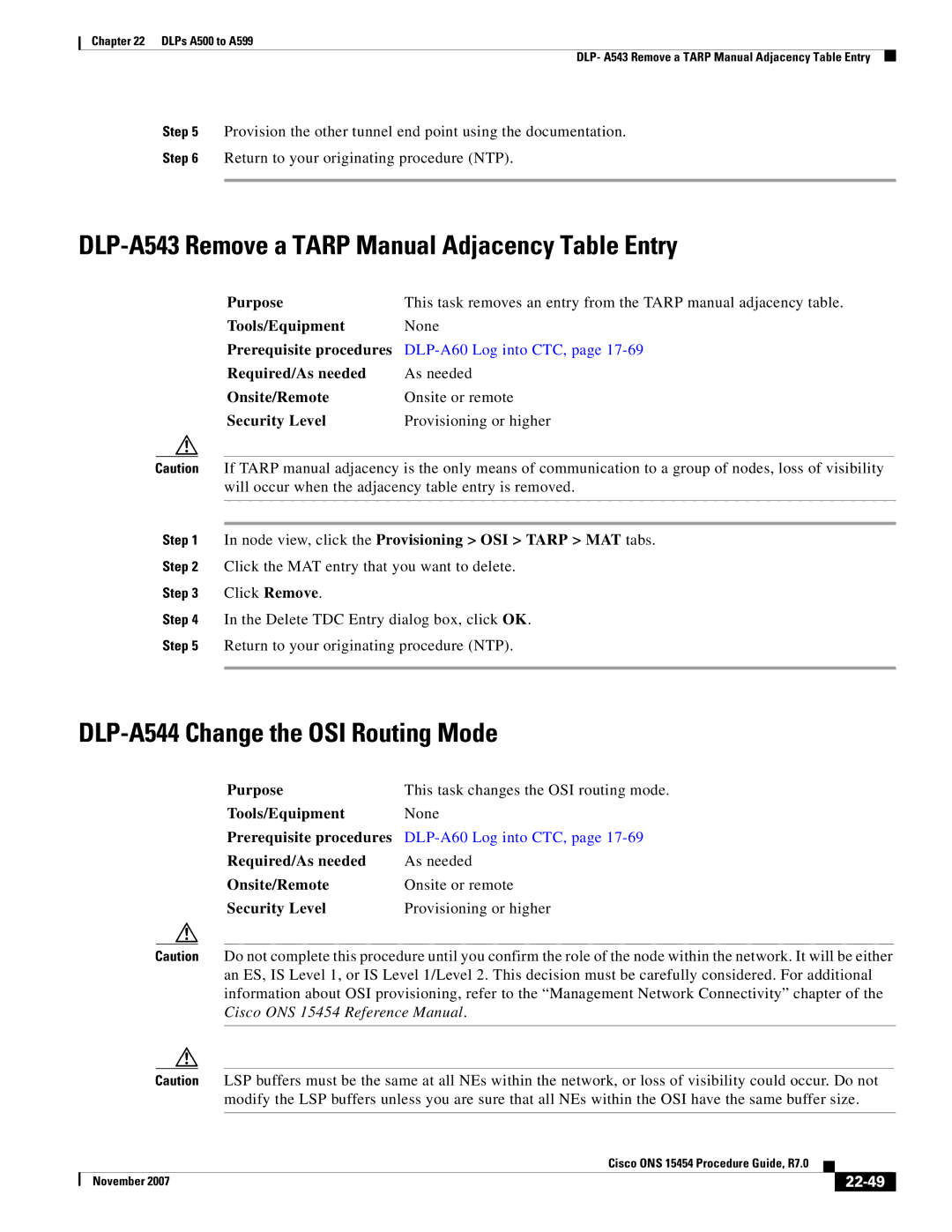 Cisco Systems ONS 15454 DLP-A543 Remove a Tarp Manual Adjacency Table Entry, DLP-A544 Change the OSI Routing Mode, 22-49 