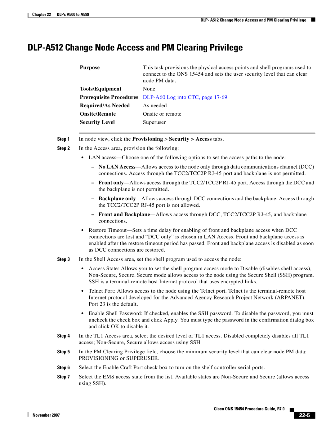 Cisco Systems ONS 15454 manual DLP-A512 Change Node Access and PM Clearing Privilege, 22-5 