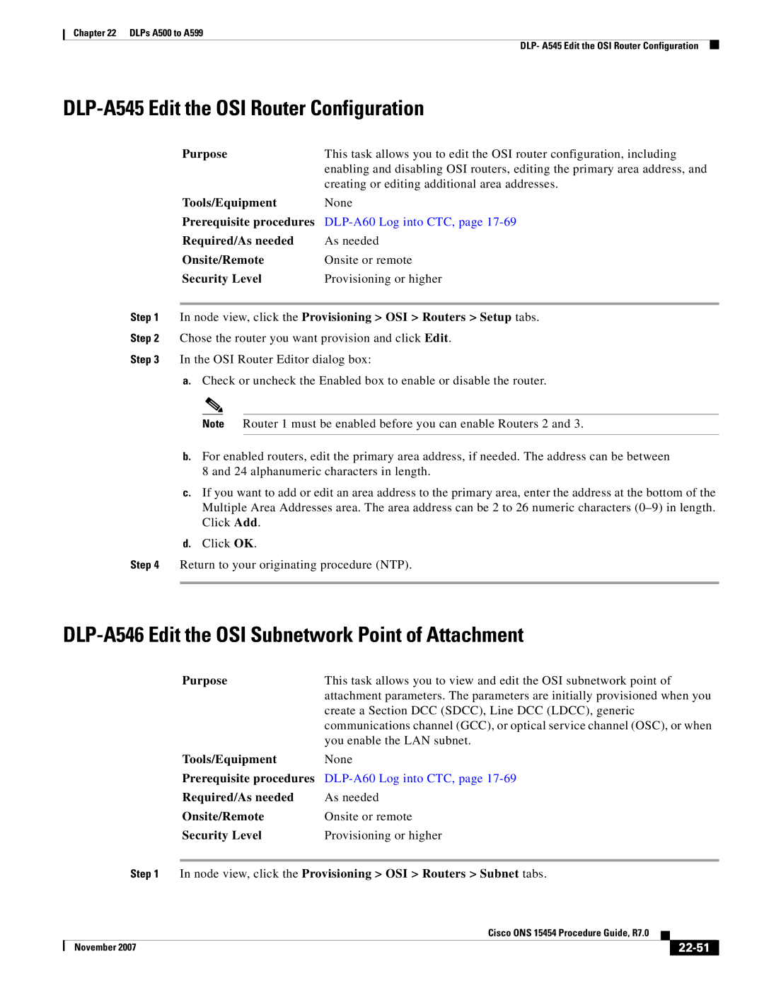 Cisco Systems ONS 15454 DLP-A545 Edit the OSI Router Configuration, DLP-A546 Edit the OSI Subnetwork Point of Attachment 