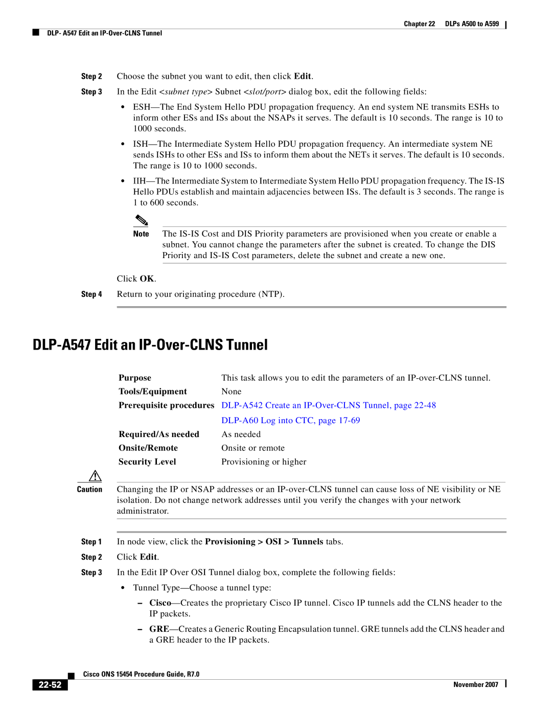 Cisco Systems ONS 15454 manual DLP-A547 Edit an IP-Over-CLNS Tunnel, 22-52 