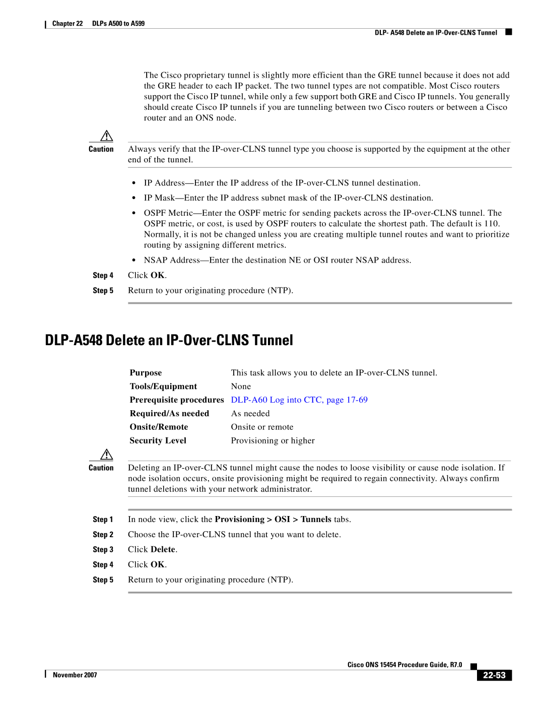 Cisco Systems ONS 15454 manual DLP-A548 Delete an IP-Over-CLNS Tunnel, 22-53 