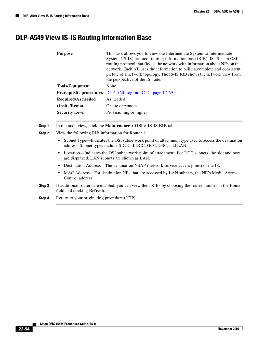 Cisco Systems ONS 15454 manual DLP-A549 View IS-IS Routing Information Base, 22-54 