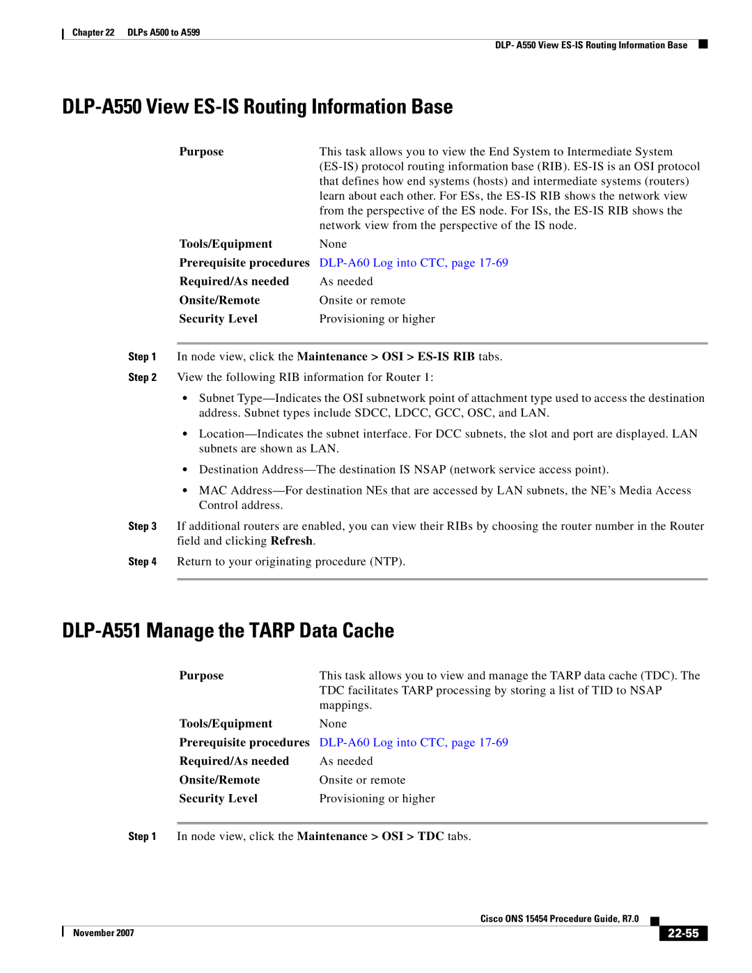 Cisco Systems ONS 15454 manual DLP-A550 View ES-IS Routing Information Base, DLP-A551 Manage the Tarp Data Cache, 22-55 