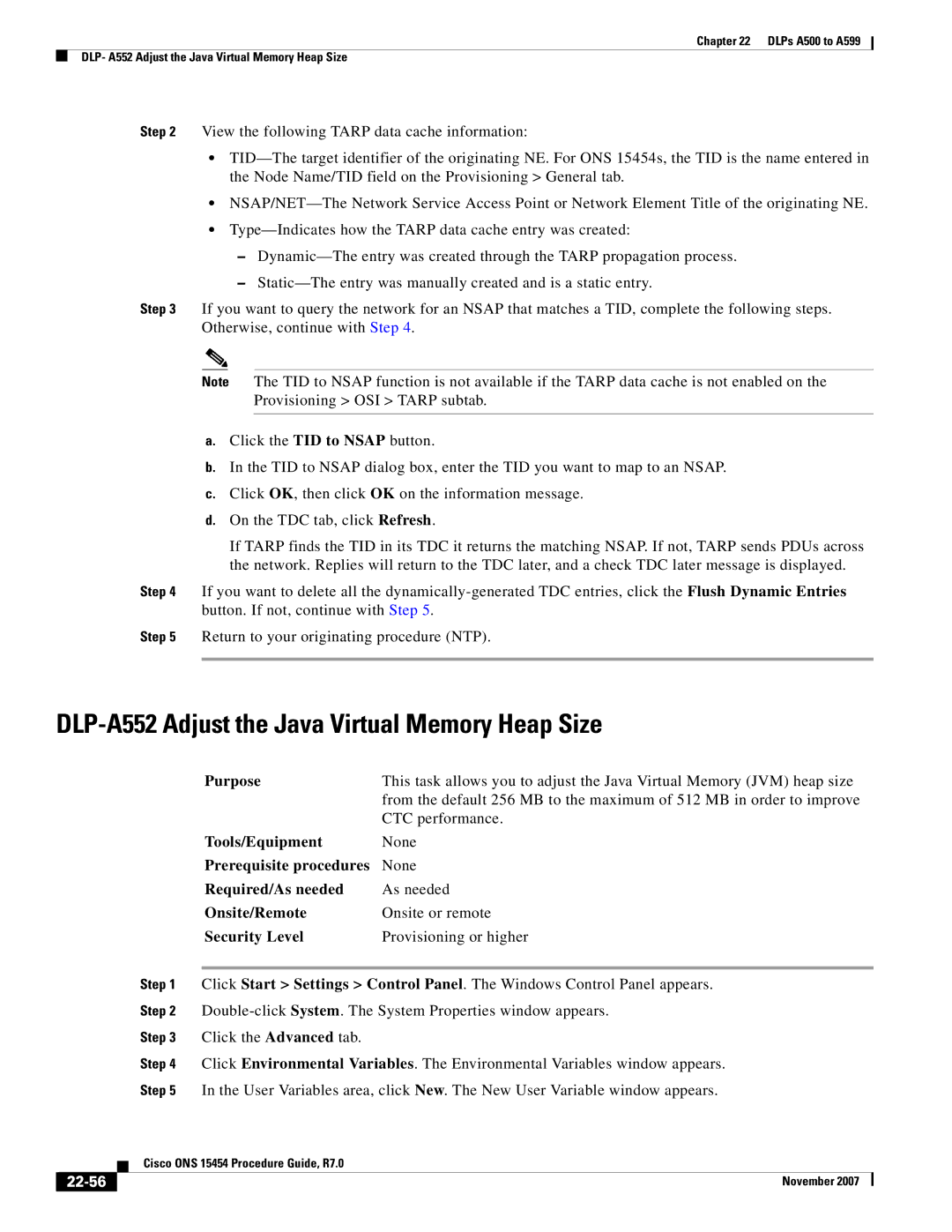 Cisco Systems ONS 15454 manual DLP-A552 Adjust the Java Virtual Memory Heap Size, 22-56 