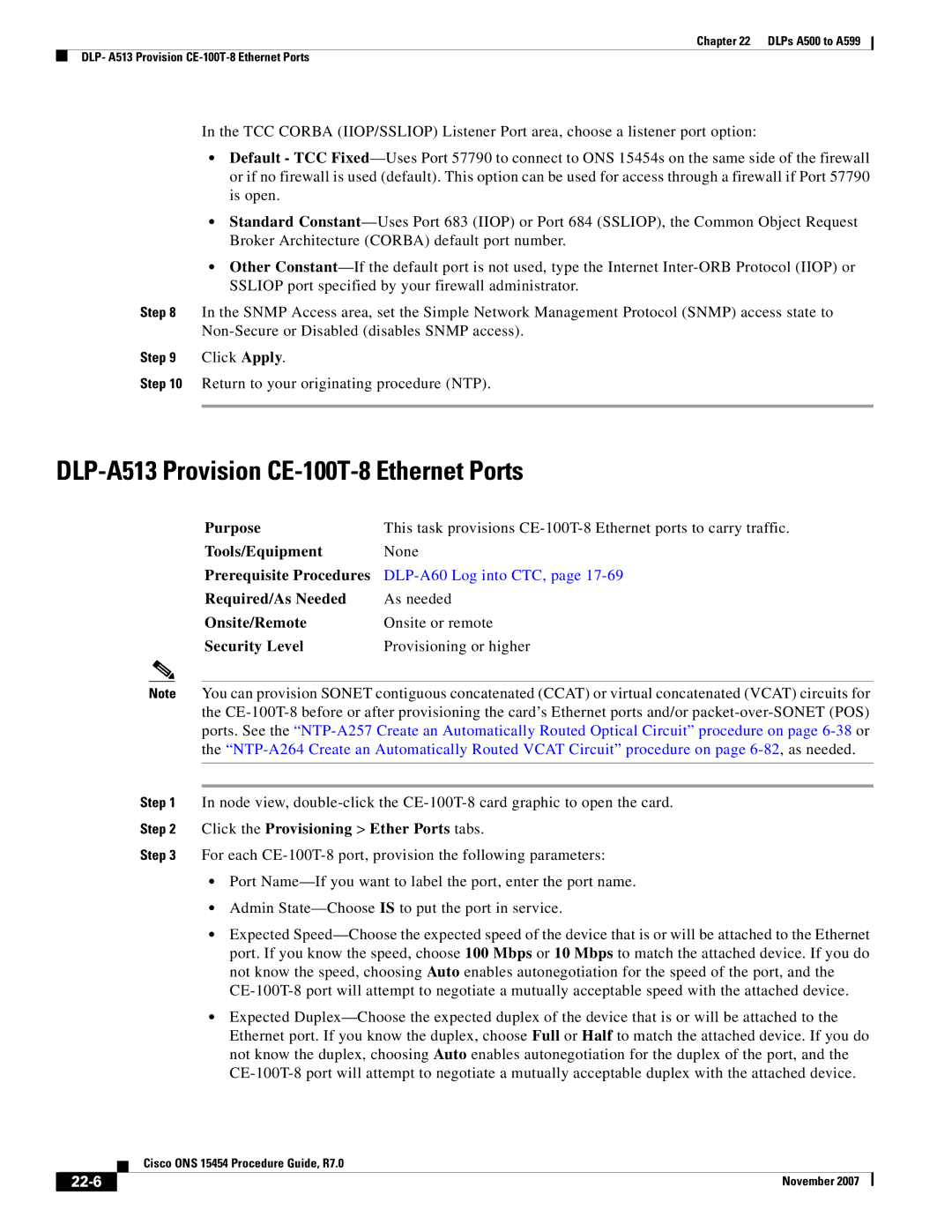 Cisco Systems ONS 15454 manual DLP-A513 Provision CE-100T-8 Ethernet Ports, 22-6 