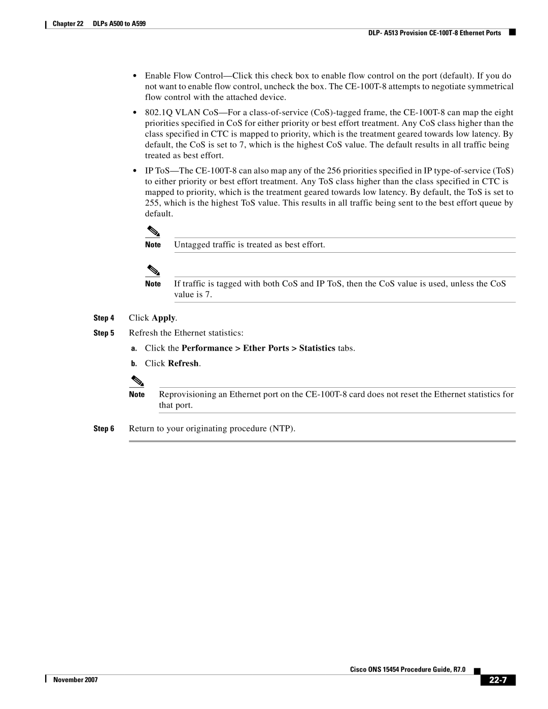 Cisco Systems ONS 15454 manual Click the Performance Ether Ports Statistics tabs, 22-7 