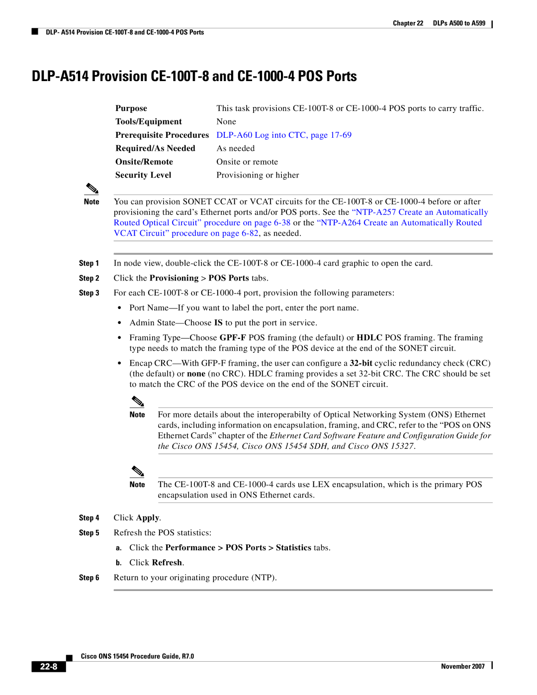 Cisco Systems ONS 15454 manual DLP-A514 Provision CE-100T-8 and CE-1000-4 POS Ports, 22-8 