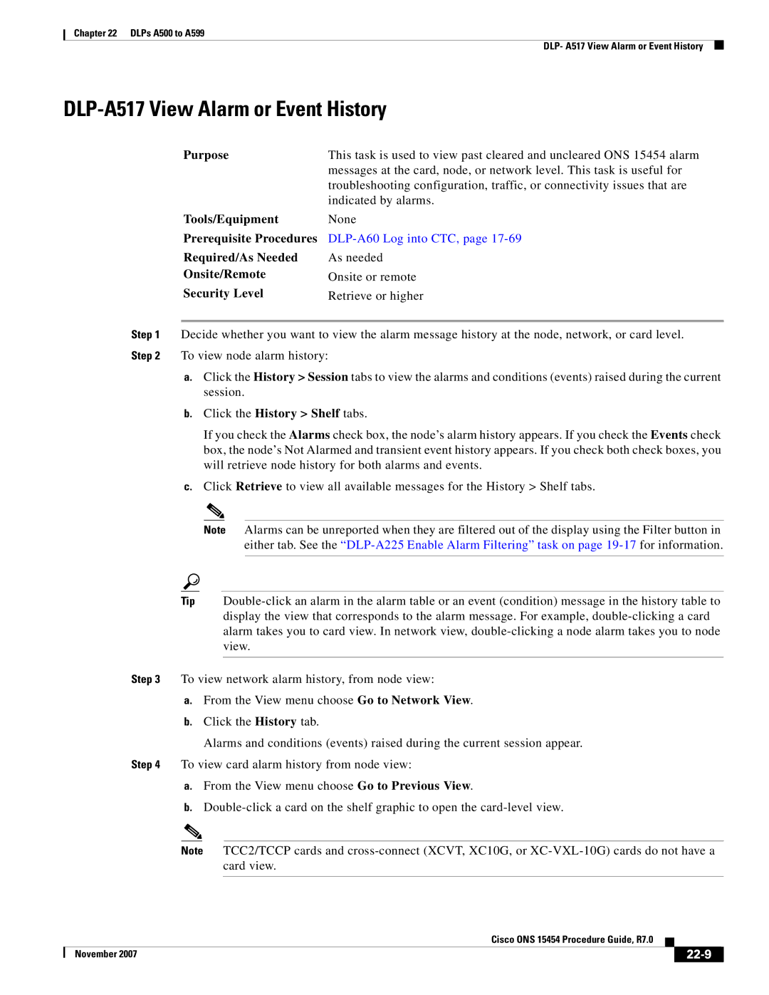 Cisco Systems ONS 15454 manual DLP-A517 View Alarm or Event History, Click the History Shelf tabs, 22-9 