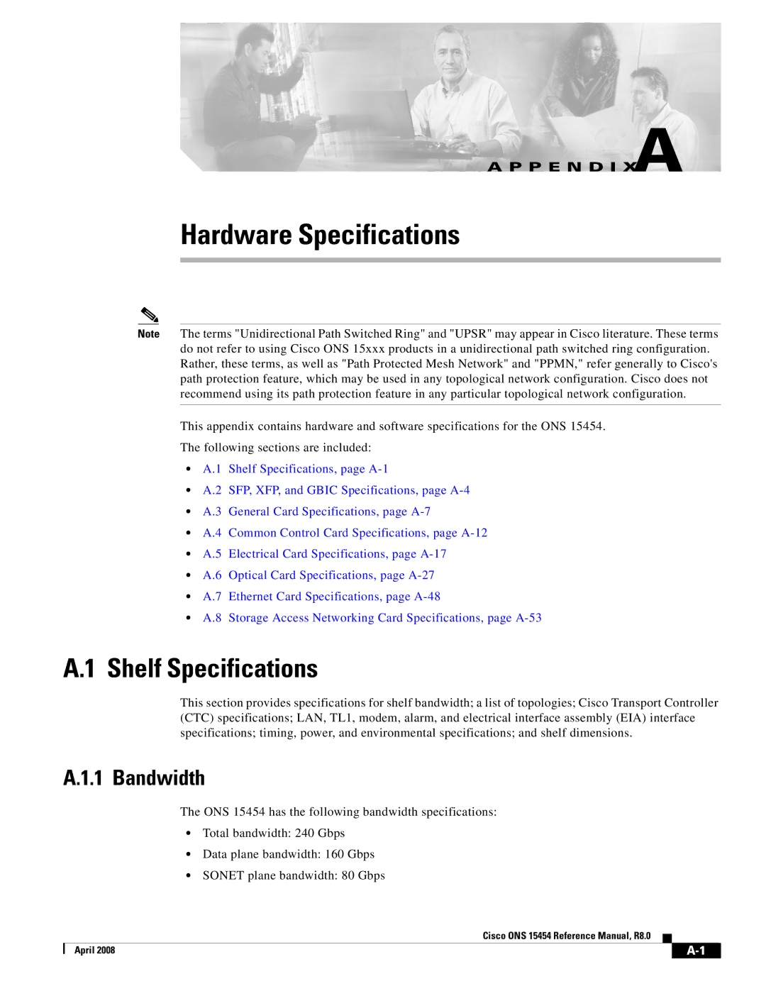 Cisco Systems ONS 15454 appendix Shelf Specifications, Bandwidth 