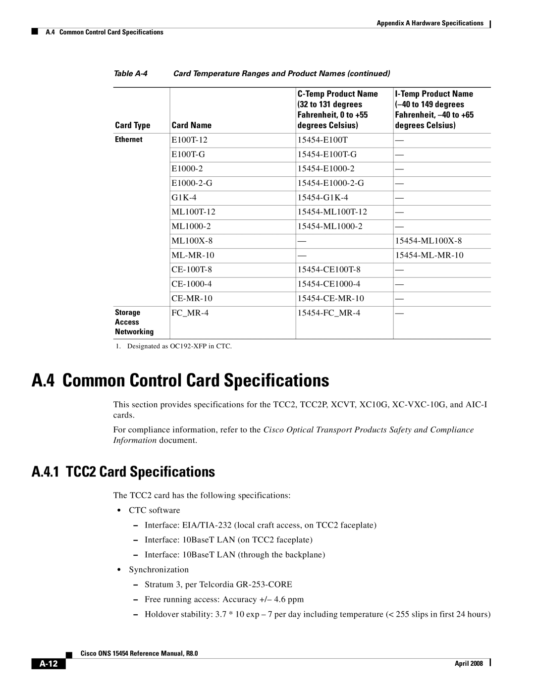 Cisco Systems ONS 15454 appendix Common Control Card Specifications, 1 TCC2 Card Specifications 