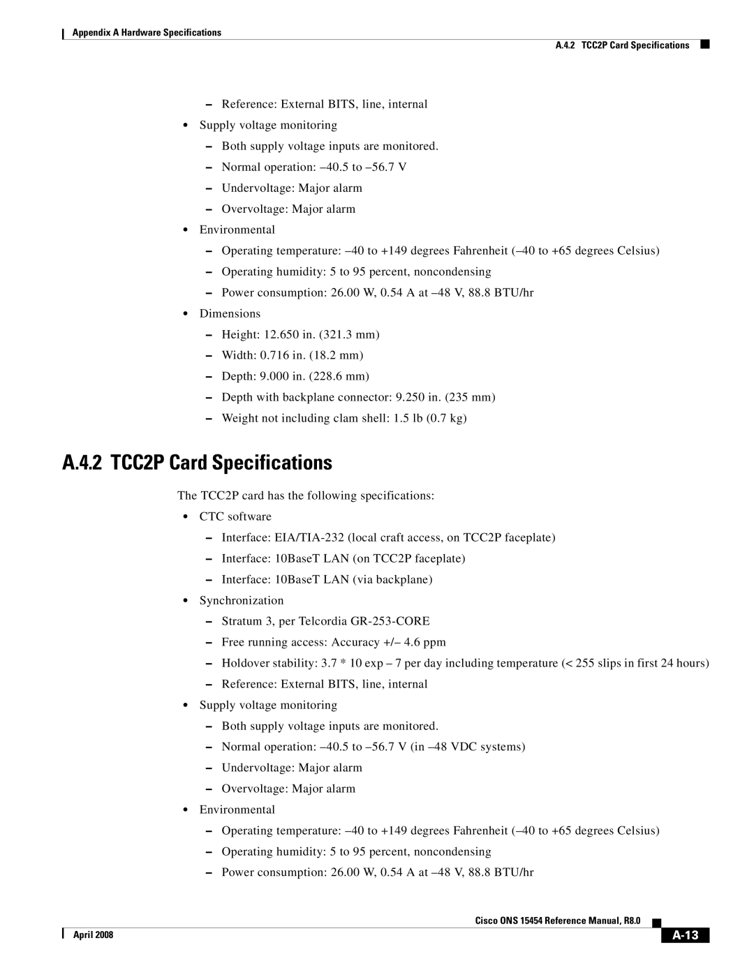 Cisco Systems ONS 15454 appendix 2 TCC2P Card Specifications 