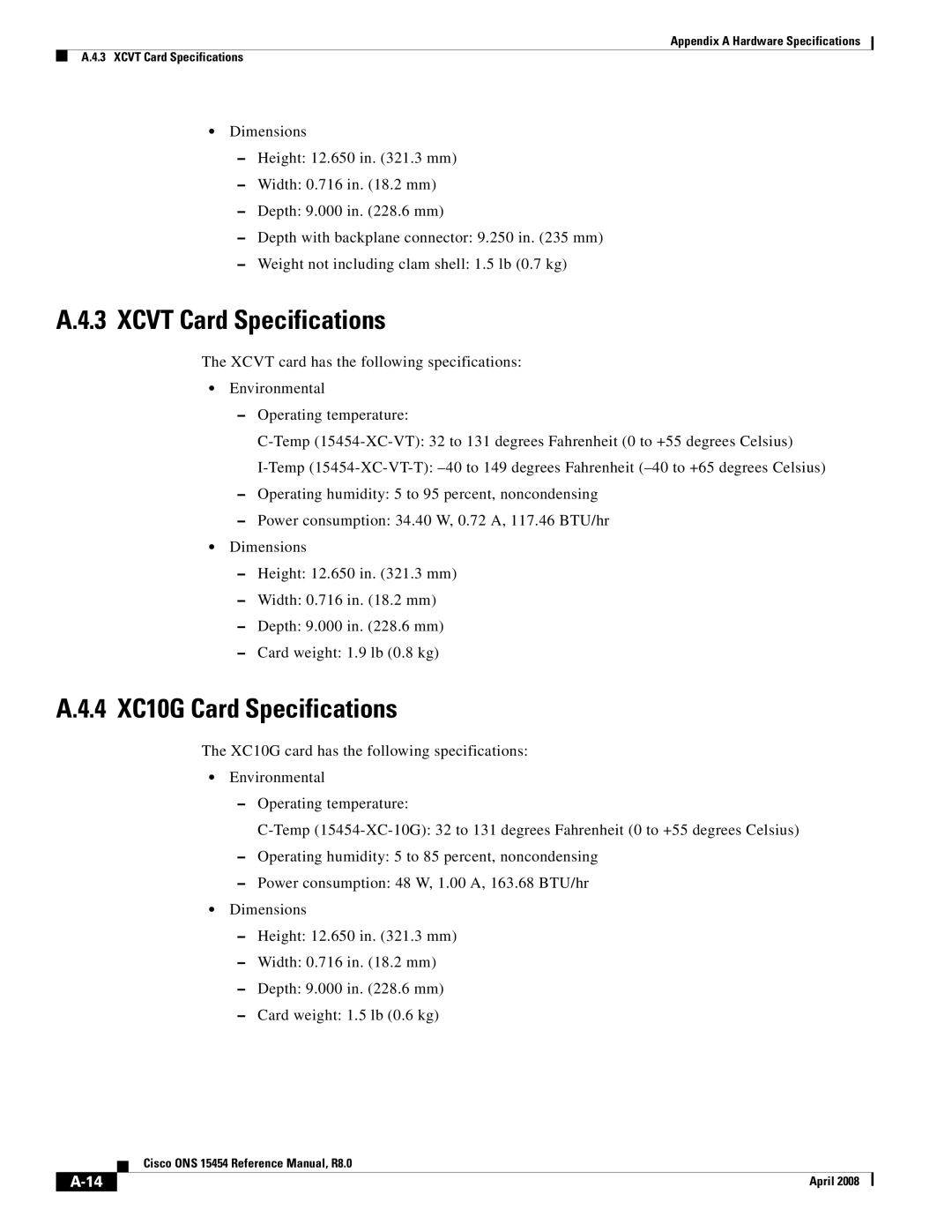 Cisco Systems ONS 15454 appendix Xcvt Card Specifications, 4 XC10G Card Specifications 