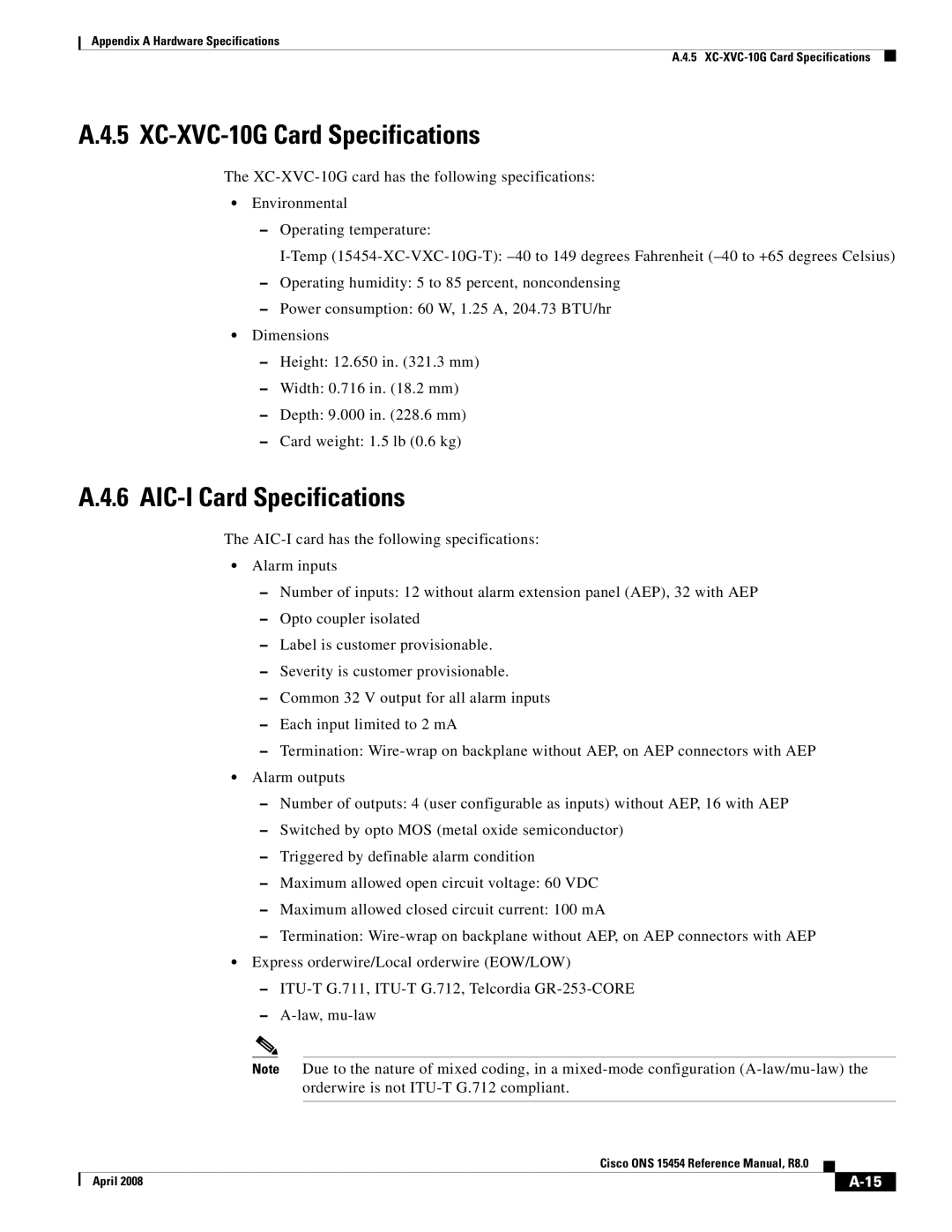 Cisco Systems ONS 15454 appendix XC-XVC-10G Card Specifications, AIC-I Card Specifications 