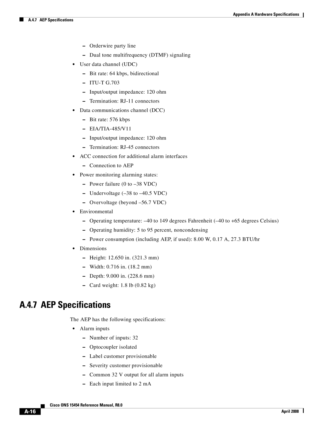 Cisco Systems ONS 15454 appendix AEP Specifications 