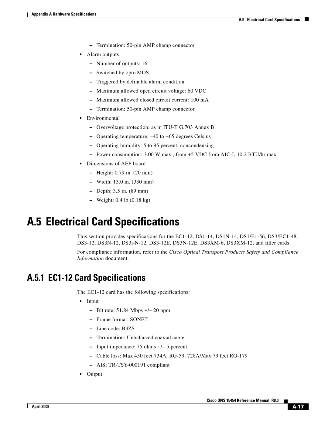 Cisco Systems ONS 15454 appendix Electrical Card Specifications, 1 EC1-12 Card Specifications 