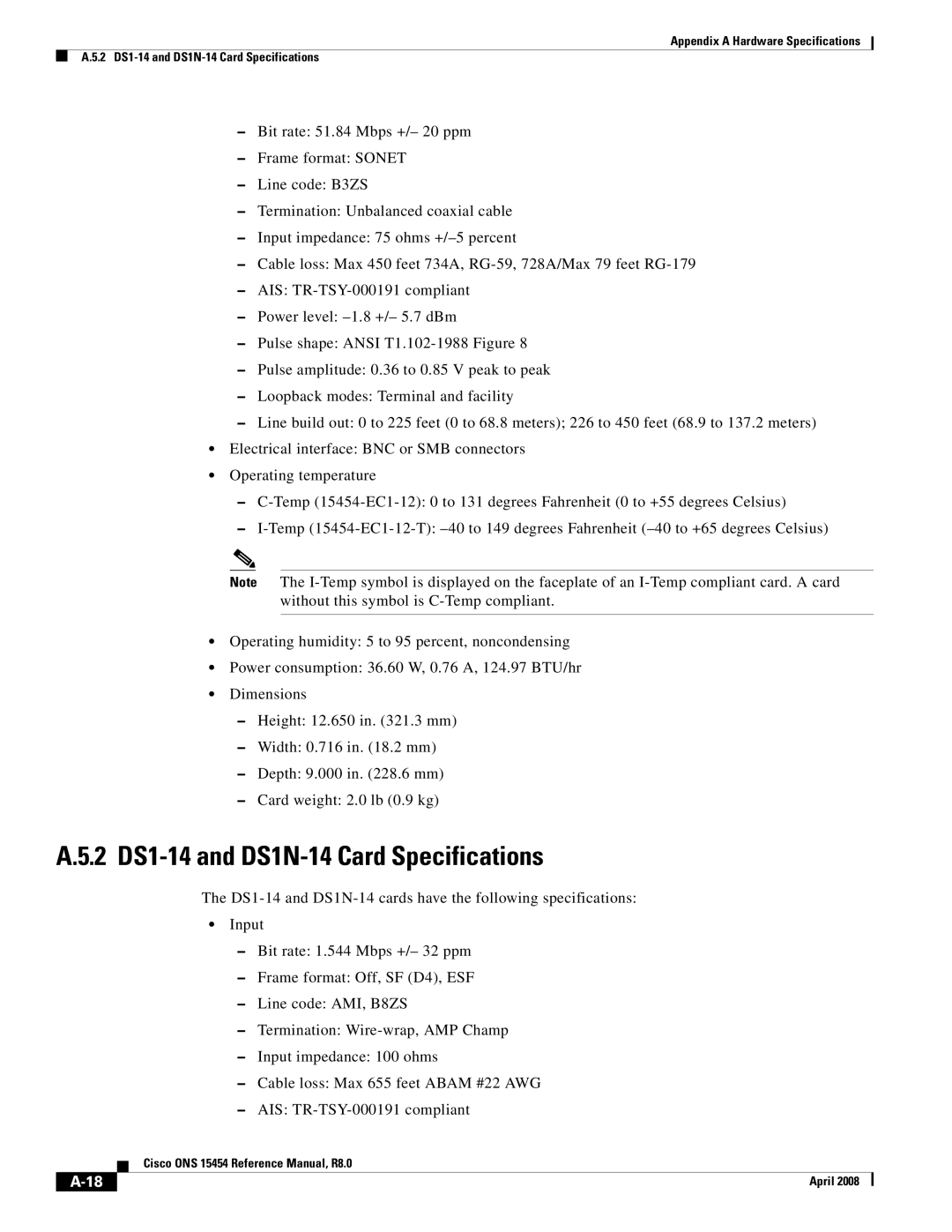 Cisco Systems ONS 15454 appendix 2 DS1-14 and DS1N-14 Card Specifications 