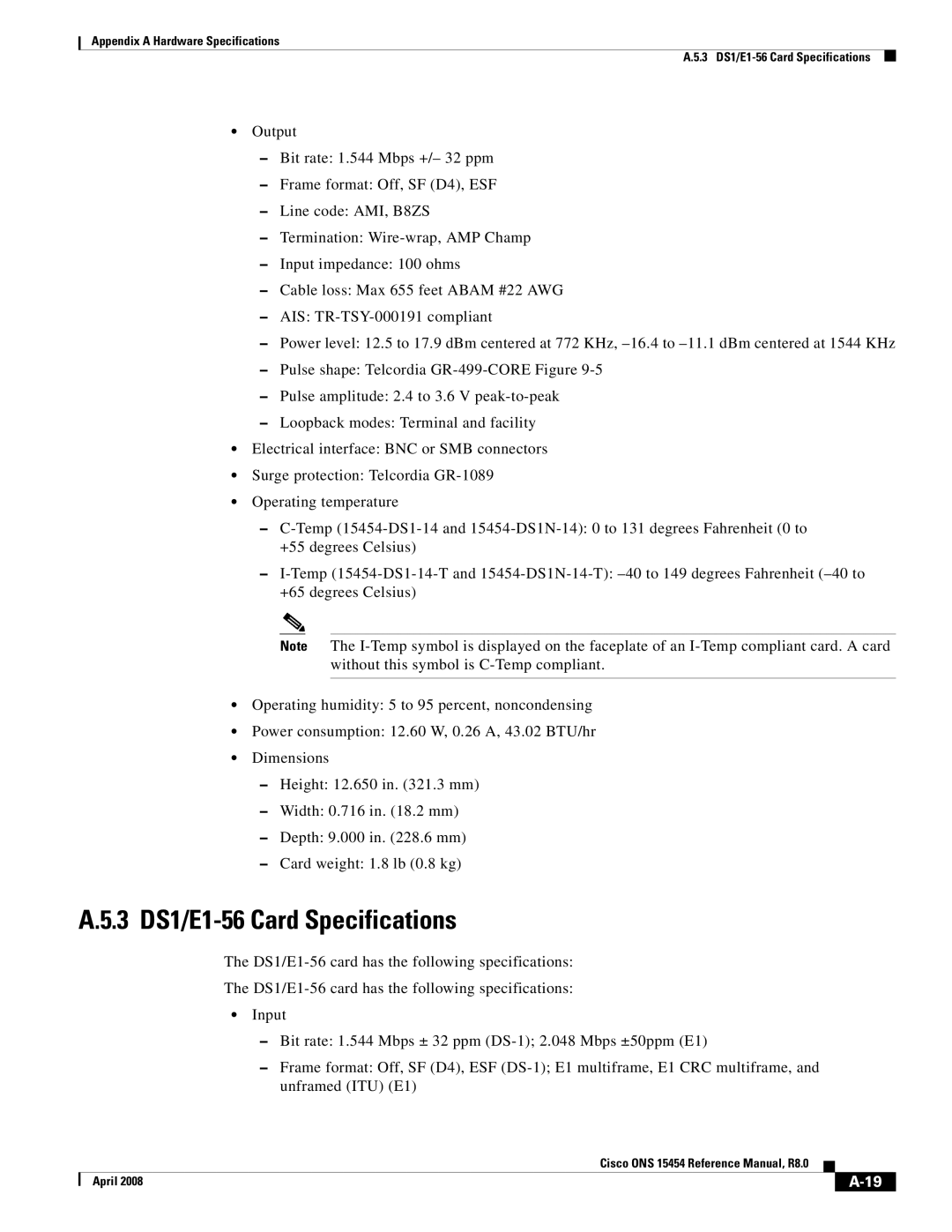 Cisco Systems ONS 15454 appendix 3 DS1/E1-56 Card Specifications 