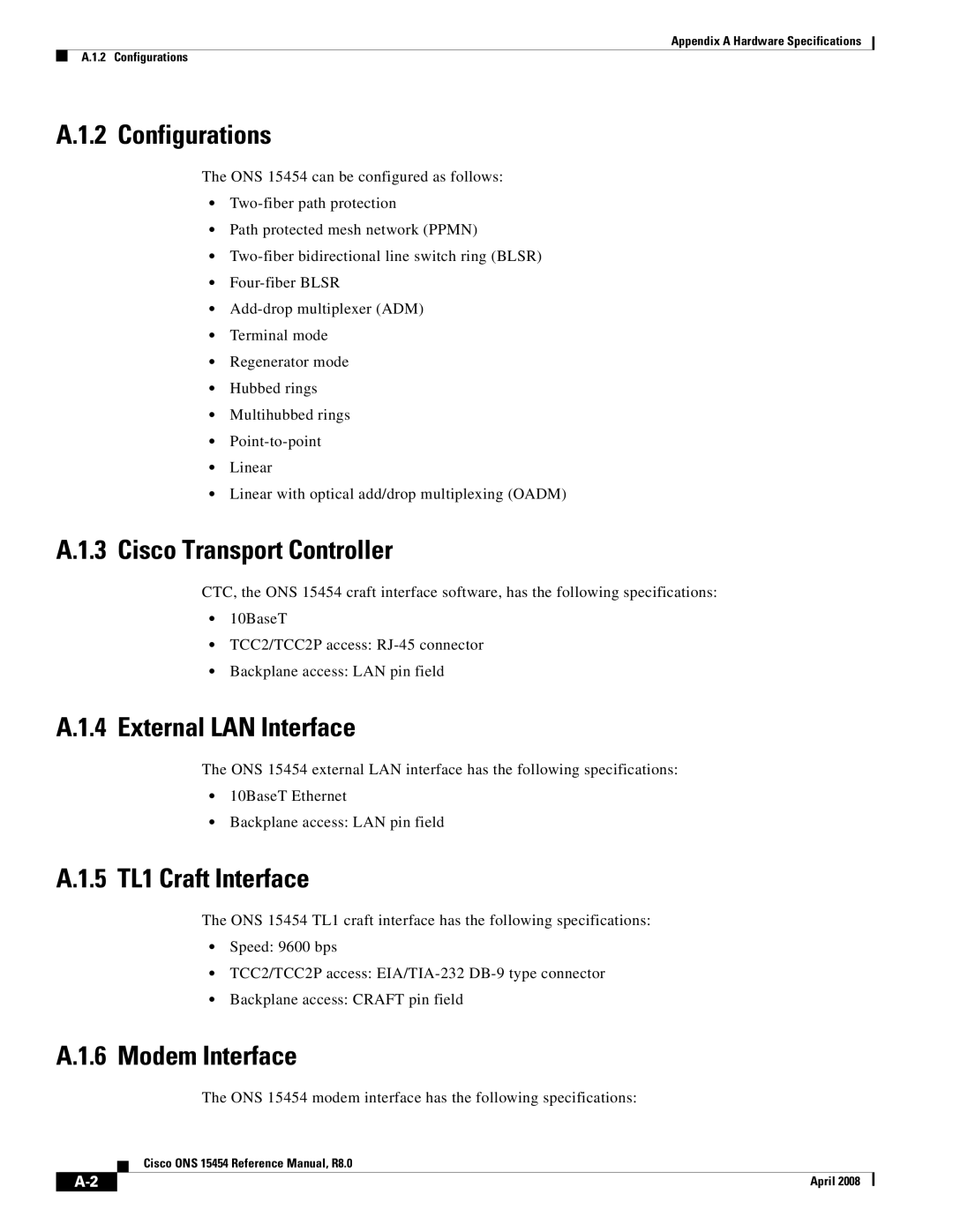 Cisco Systems ONS 15454 appendix Configurations, Cisco Transport Controller, External LAN Interface, 5 TL1 Craft Interface 