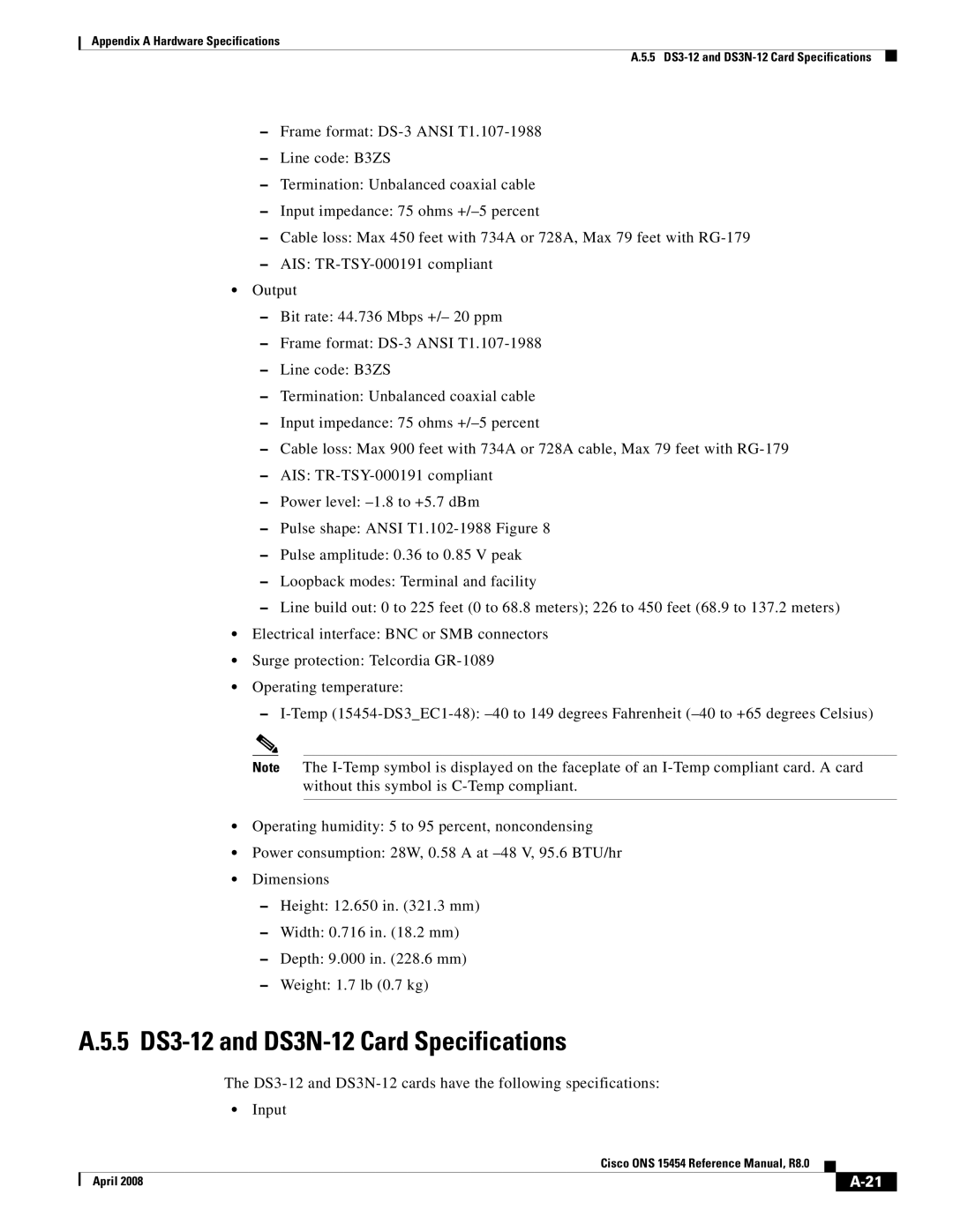 Cisco Systems ONS 15454 appendix 5 DS3-12 and DS3N-12 Card Specifications 