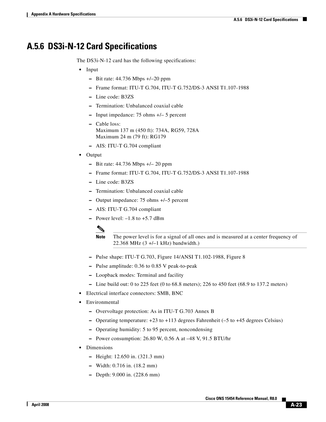 Cisco Systems ONS 15454 appendix 6 DS3i-N-12 Card Specifications 