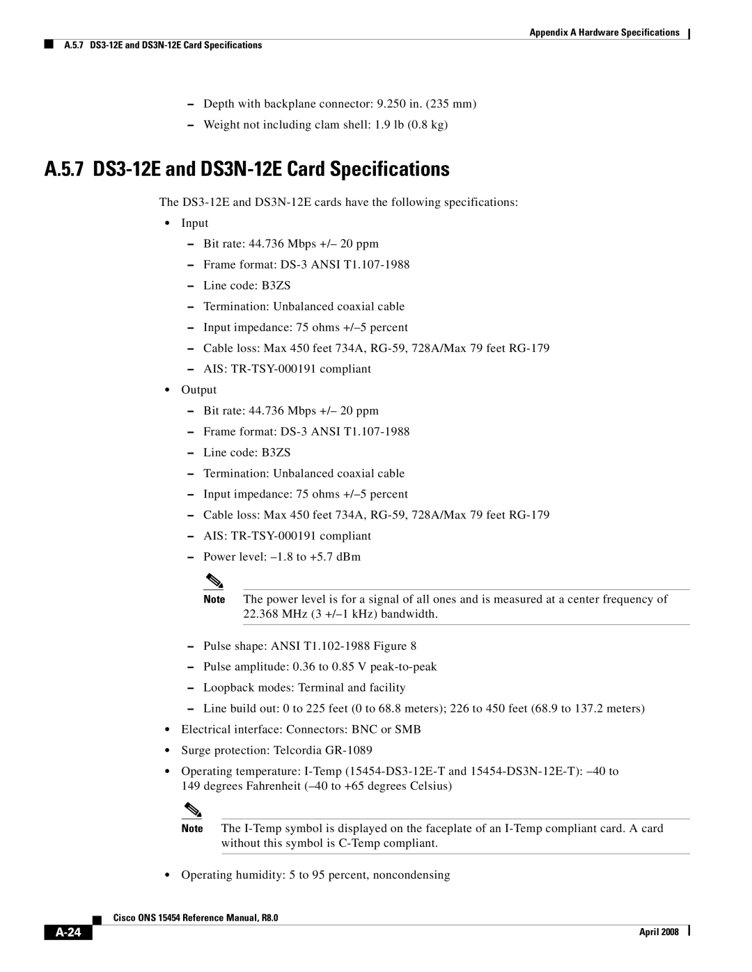 Cisco Systems ONS 15454 appendix 7 DS3-12E and DS3N-12E Card Specifications 