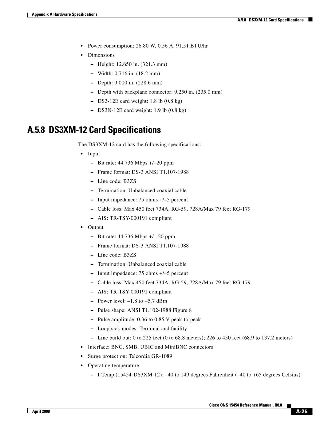 Cisco Systems ONS 15454 appendix 8 DS3XM-12 Card Specifications 