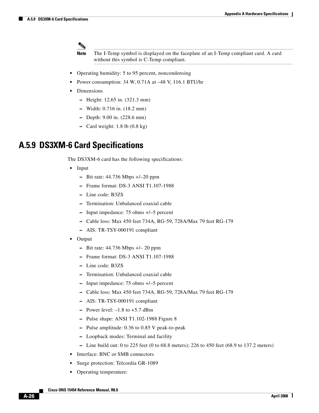 Cisco Systems ONS 15454 appendix 9 DS3XM-6 Card Specifications 