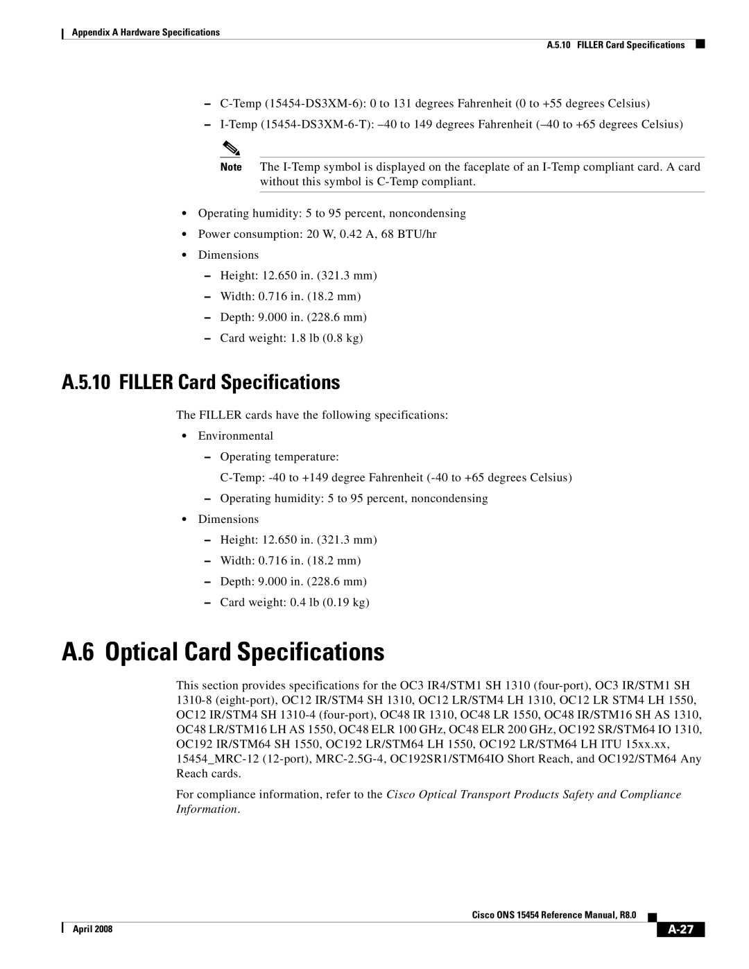 Cisco Systems ONS 15454 appendix Optical Card Specifications, Filler Card Specifications 