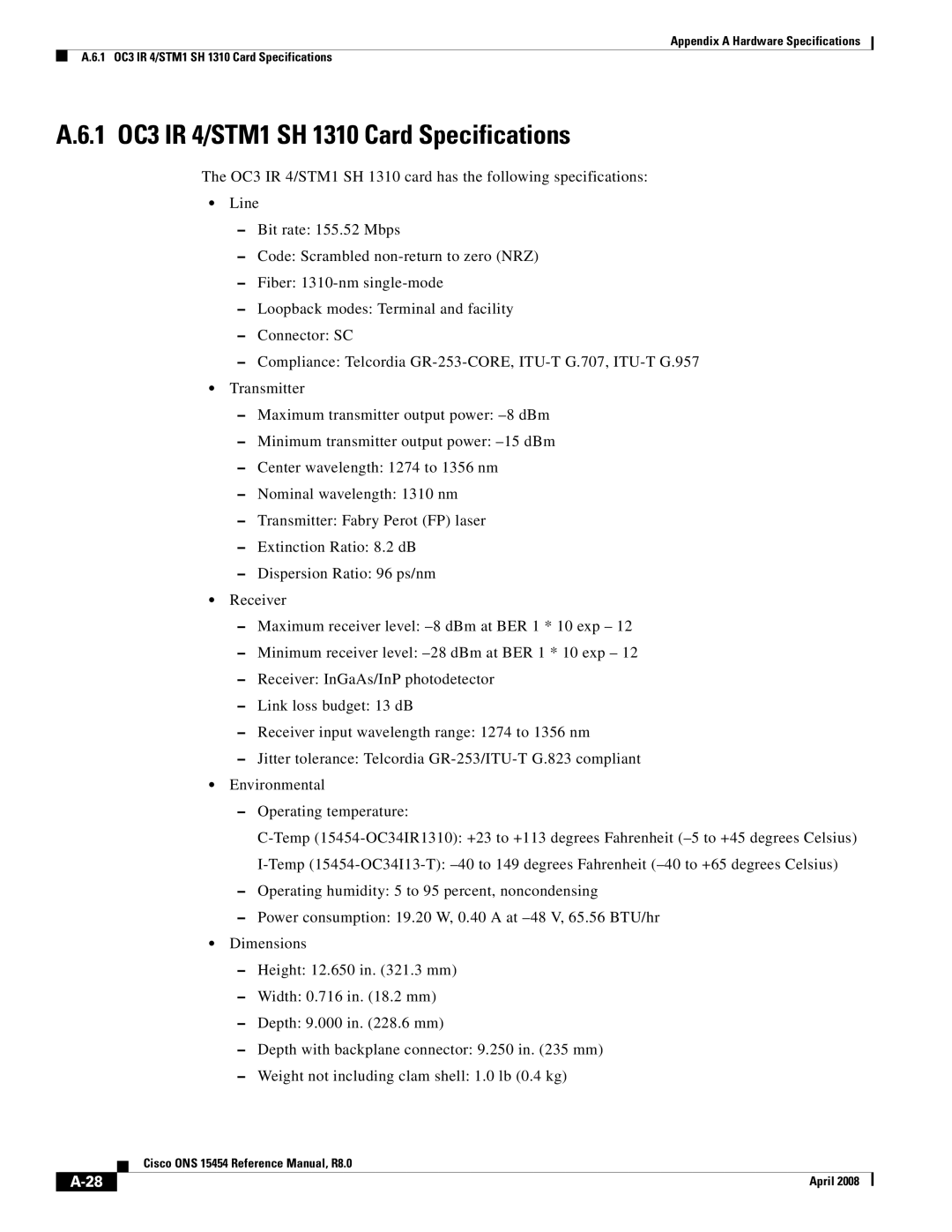 Cisco Systems ONS 15454 appendix 1 OC3 IR 4/STM1 SH 1310 Card Specifications 