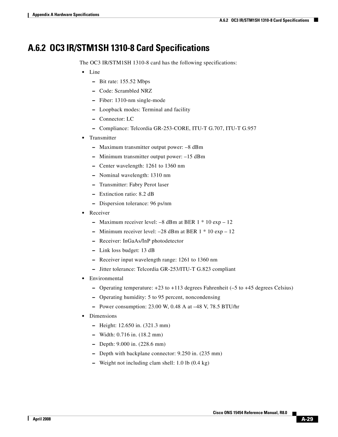 Cisco Systems ONS 15454 appendix 2 OC3 IR/STM1SH 1310-8 Card Specifications 