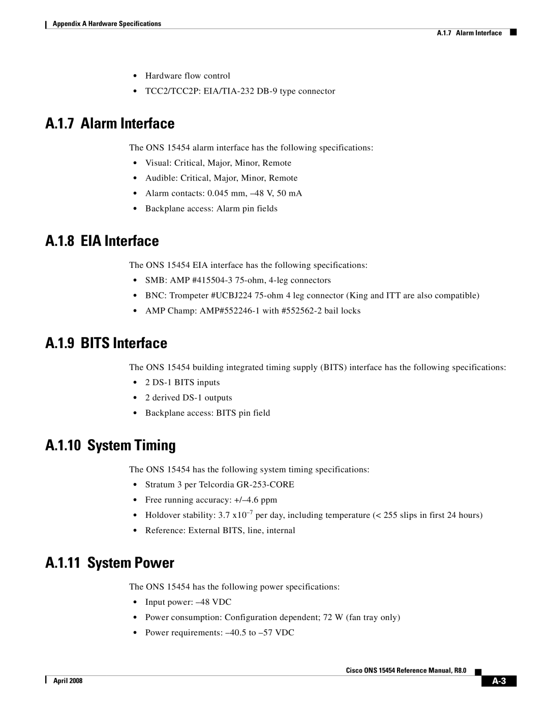 Cisco Systems ONS 15454 appendix Alarm Interface, EIA Interface, Bits Interface, System Timing, System Power 