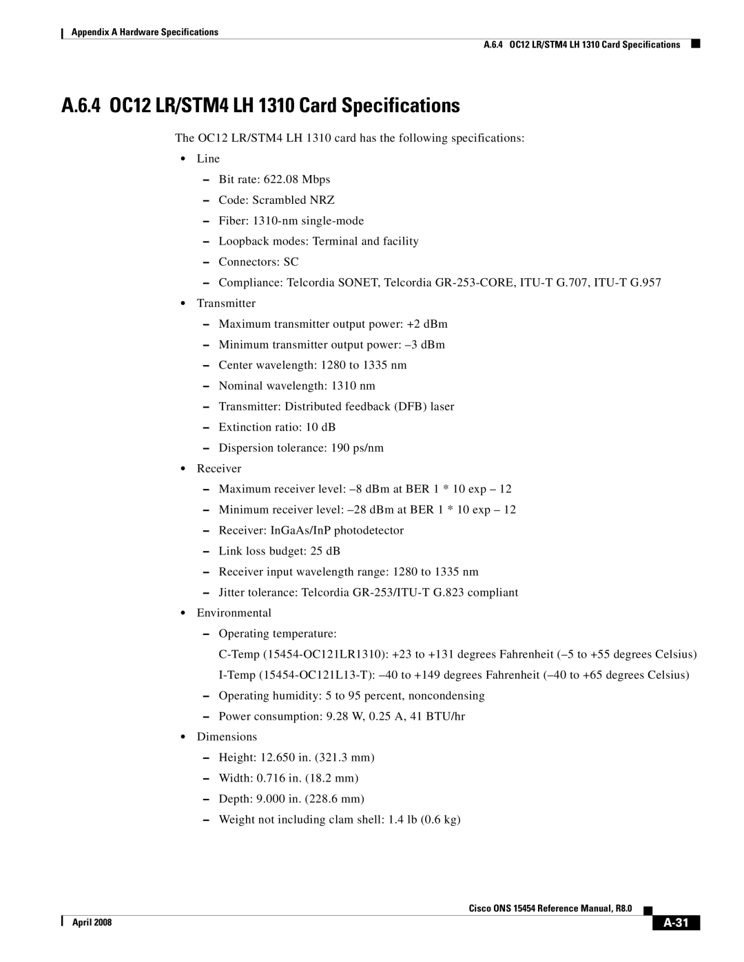 Cisco Systems ONS 15454 appendix 4 OC12 LR/STM4 LH 1310 Card Specifications 