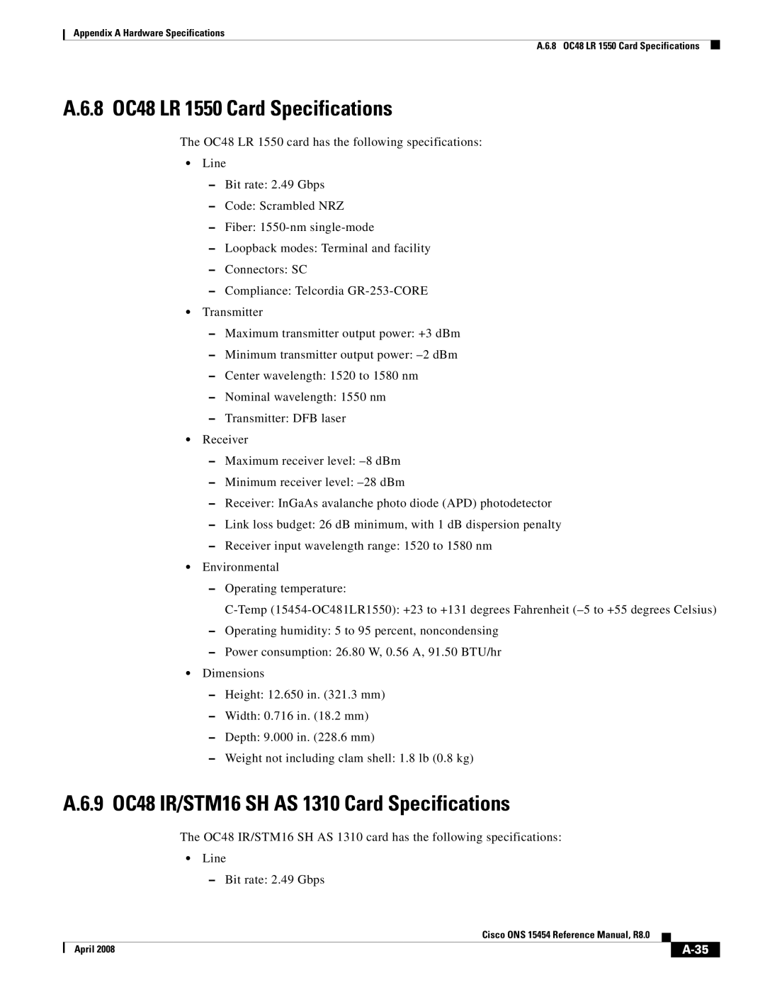 Cisco Systems ONS 15454 appendix 8 OC48 LR 1550 Card Specifications, 9 OC48 IR/STM16 SH AS 1310 Card Specifications 