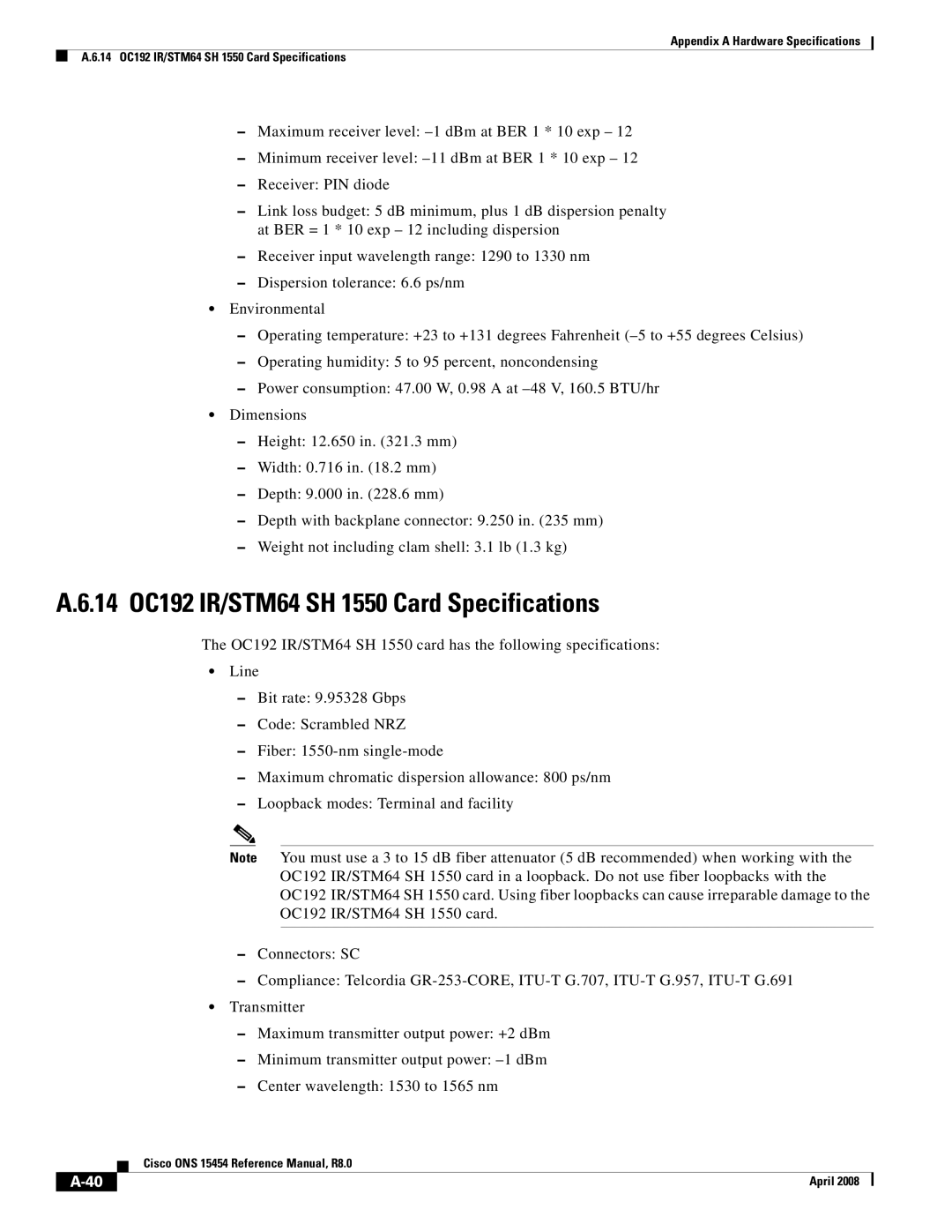 Cisco Systems ONS 15454 appendix 14 OC192 IR/STM64 SH 1550 Card Specifications 