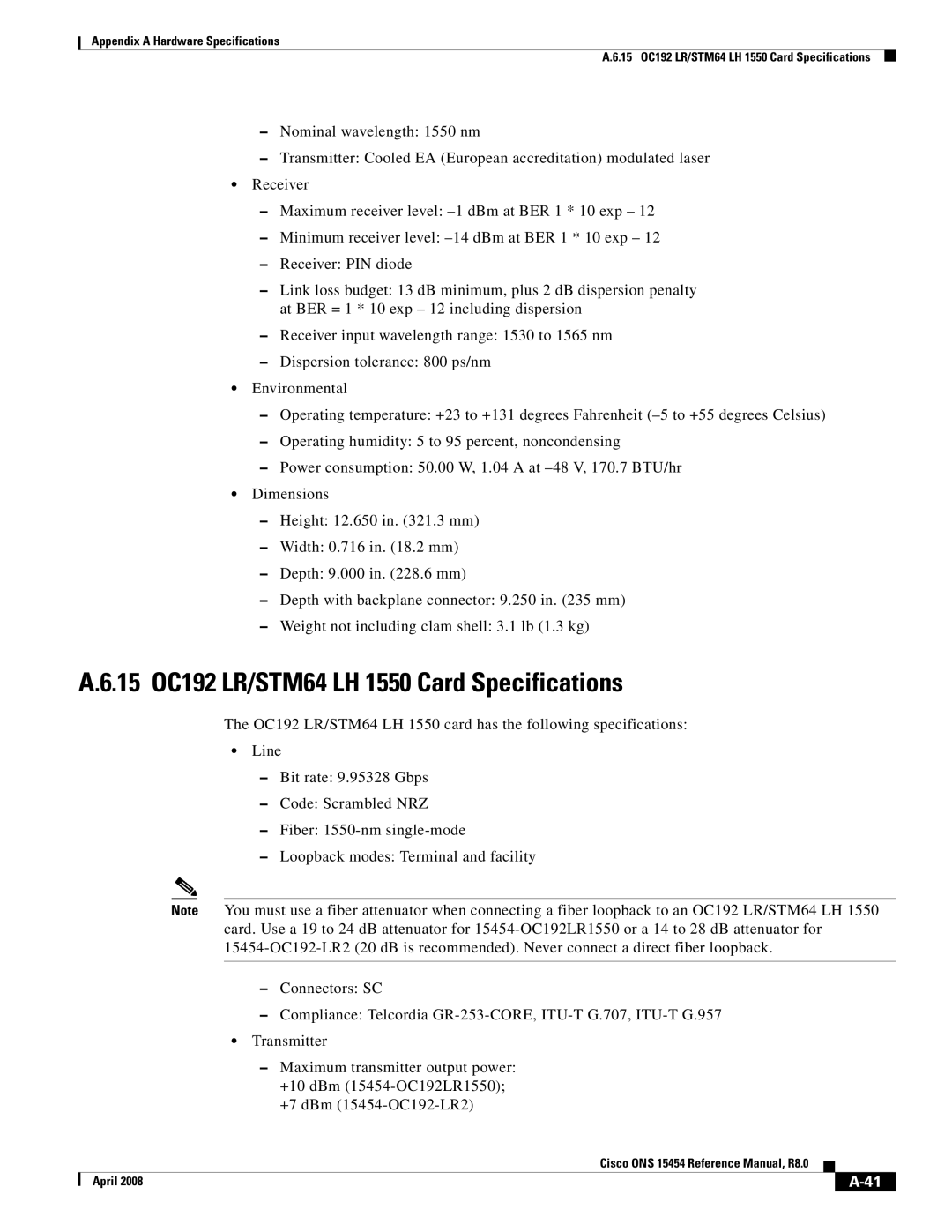 Cisco Systems ONS 15454 appendix 15 OC192 LR/STM64 LH 1550 Card Specifications 
