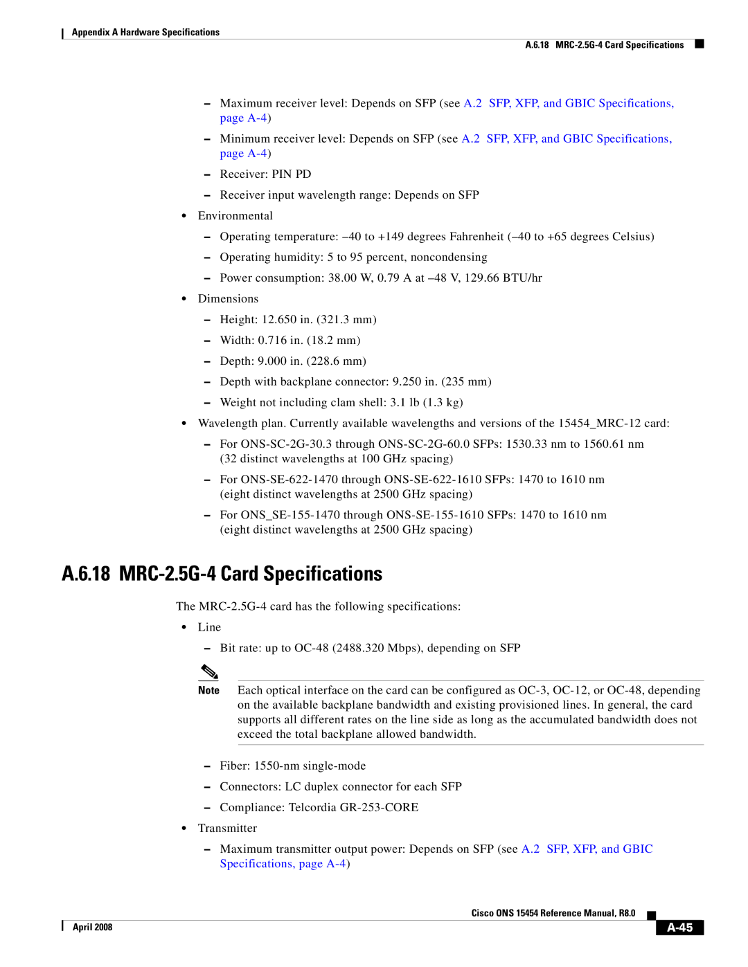 Cisco Systems ONS 15454 appendix MRC-2.5G-4 Card Specifications 