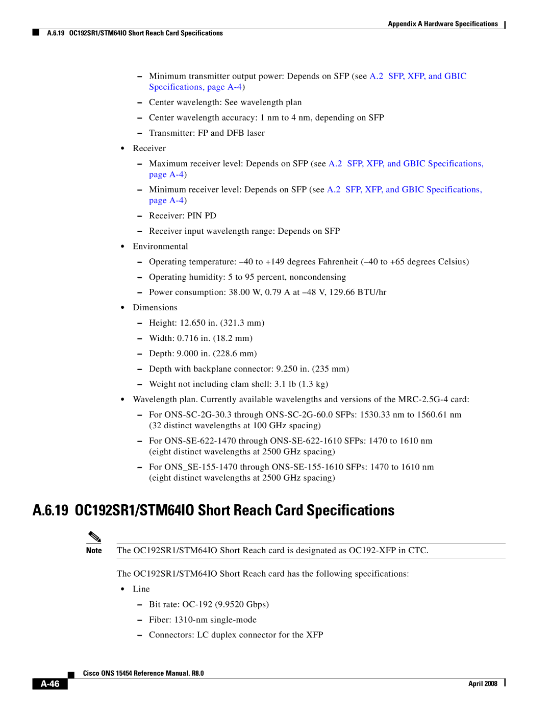 Cisco Systems ONS 15454 appendix 19 OC192SR1/STM64IO Short Reach Card Specifications 