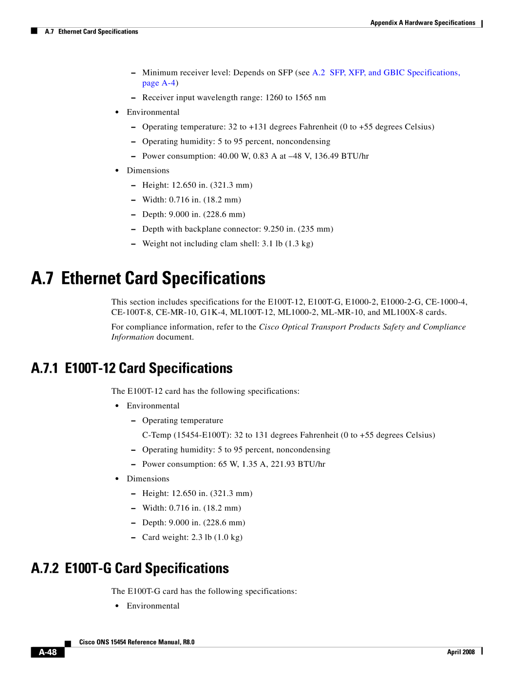 Cisco Systems ONS 15454 Ethernet Card Specifications, 1 E100T-12 Card Specifications, 2 E100T-G Card Specifications 